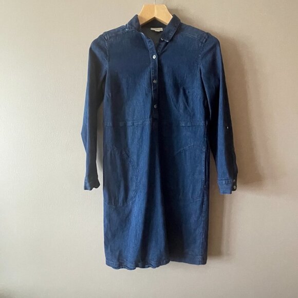 Women's XS J.Jill Denim Midi Blue Jean Dress Roll Tab Sleeves Collared Buttons - Picture 2 of 9